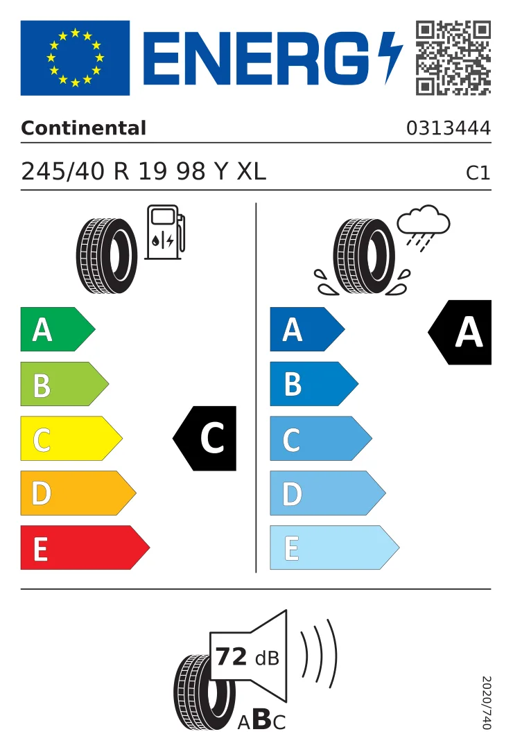 EU-däckmärkning: Continental 245/40 R19 98Y