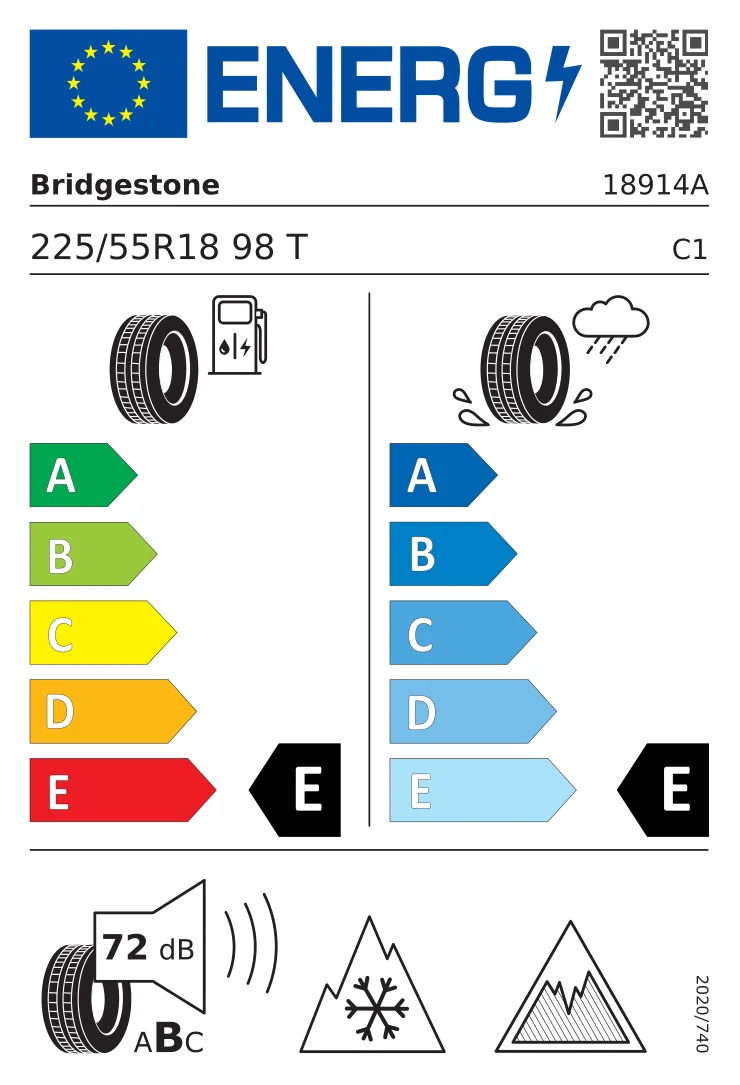 EU-däckmärkning: Bridgestone 225/55 R18 98T