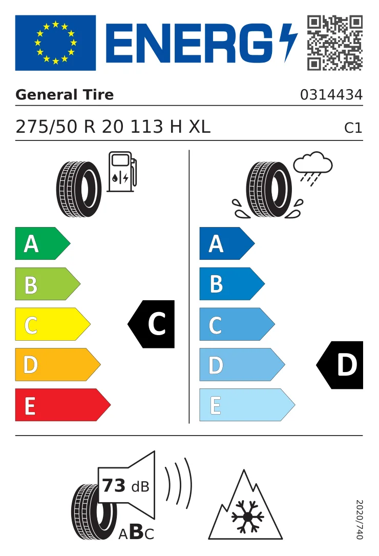 EU-däckmärkning: General 275/50 R20 113H