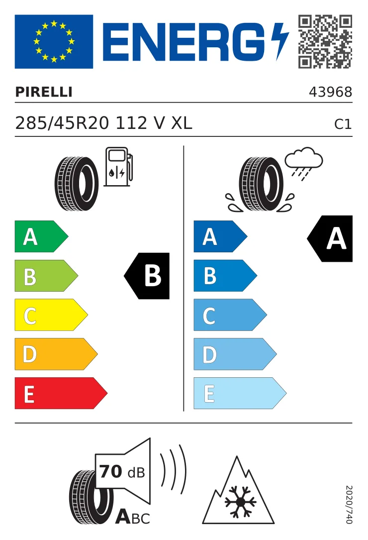 EU-däckmärkning: Pirelli 285/45 R20 112V