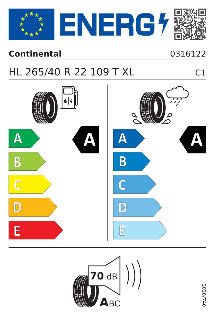 EU-bandenlabel: Continental 265/40 R22 109T