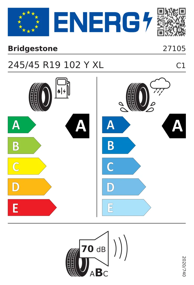 EU-däckmärkning: Bridgestone 245/45 R19 102Y