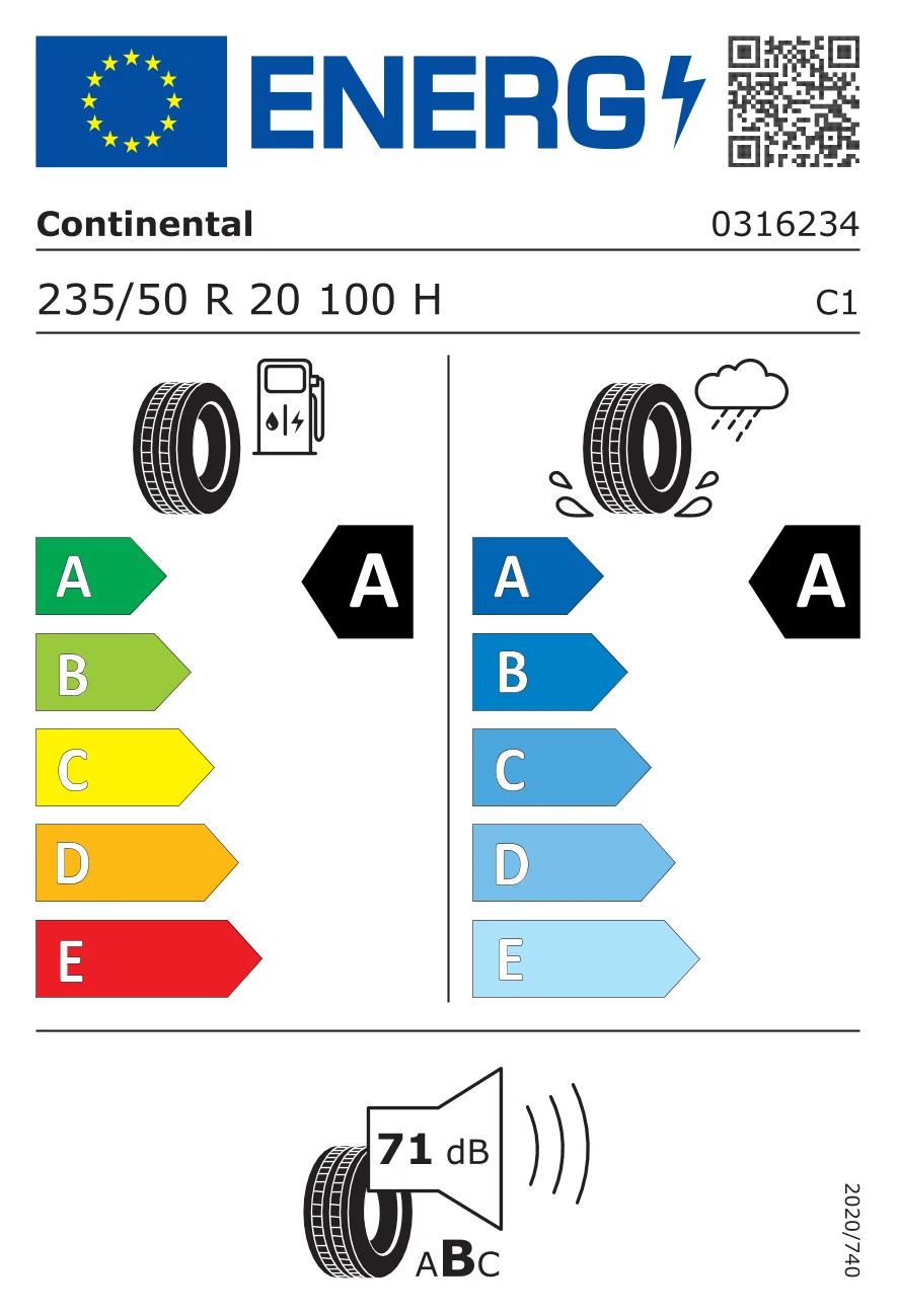 EU-däckmärkning: Continental 235/50 R20 100H
