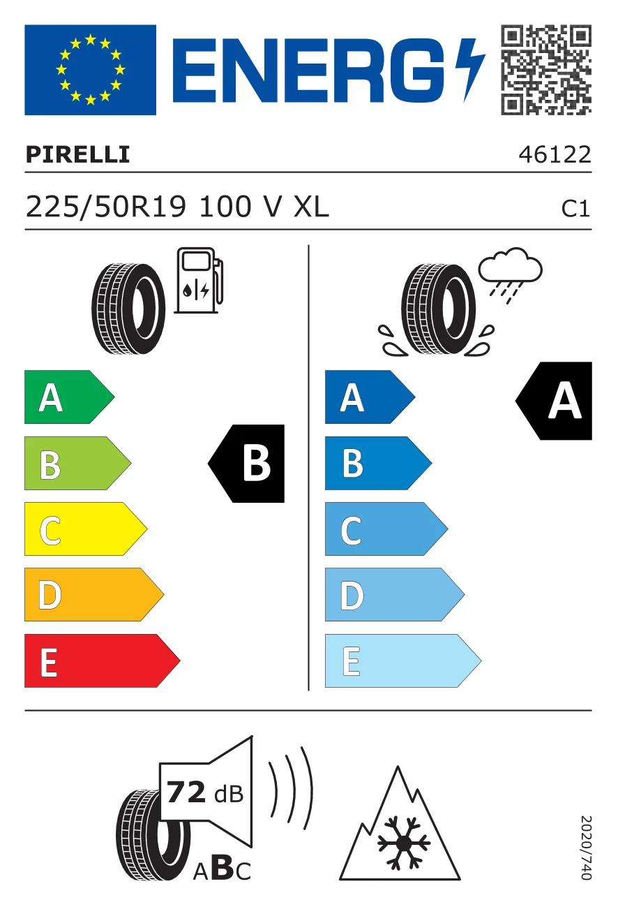 EU-däckmärkning: Pirelli 225/50 R19 100V