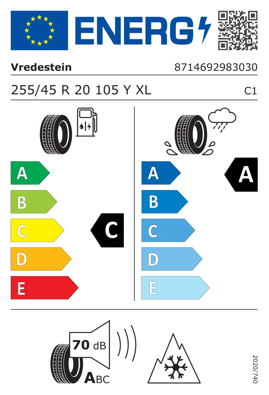 EU tyre label: Vredestein 255/45 R20 105Y