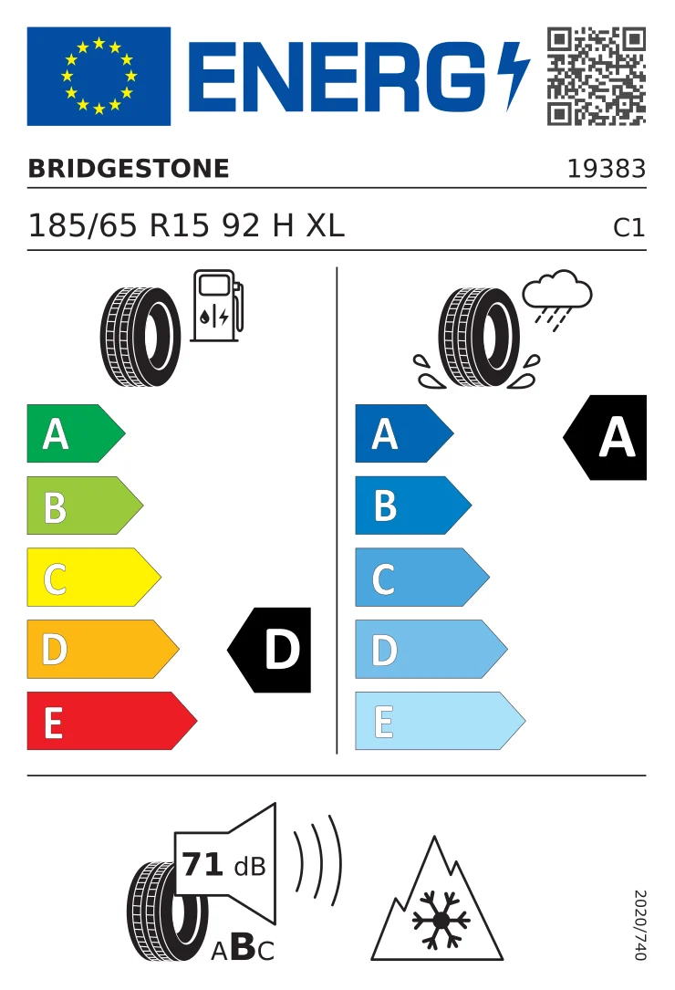 EU-bandenlabel: Bridgestone 185/65 R15 92H
