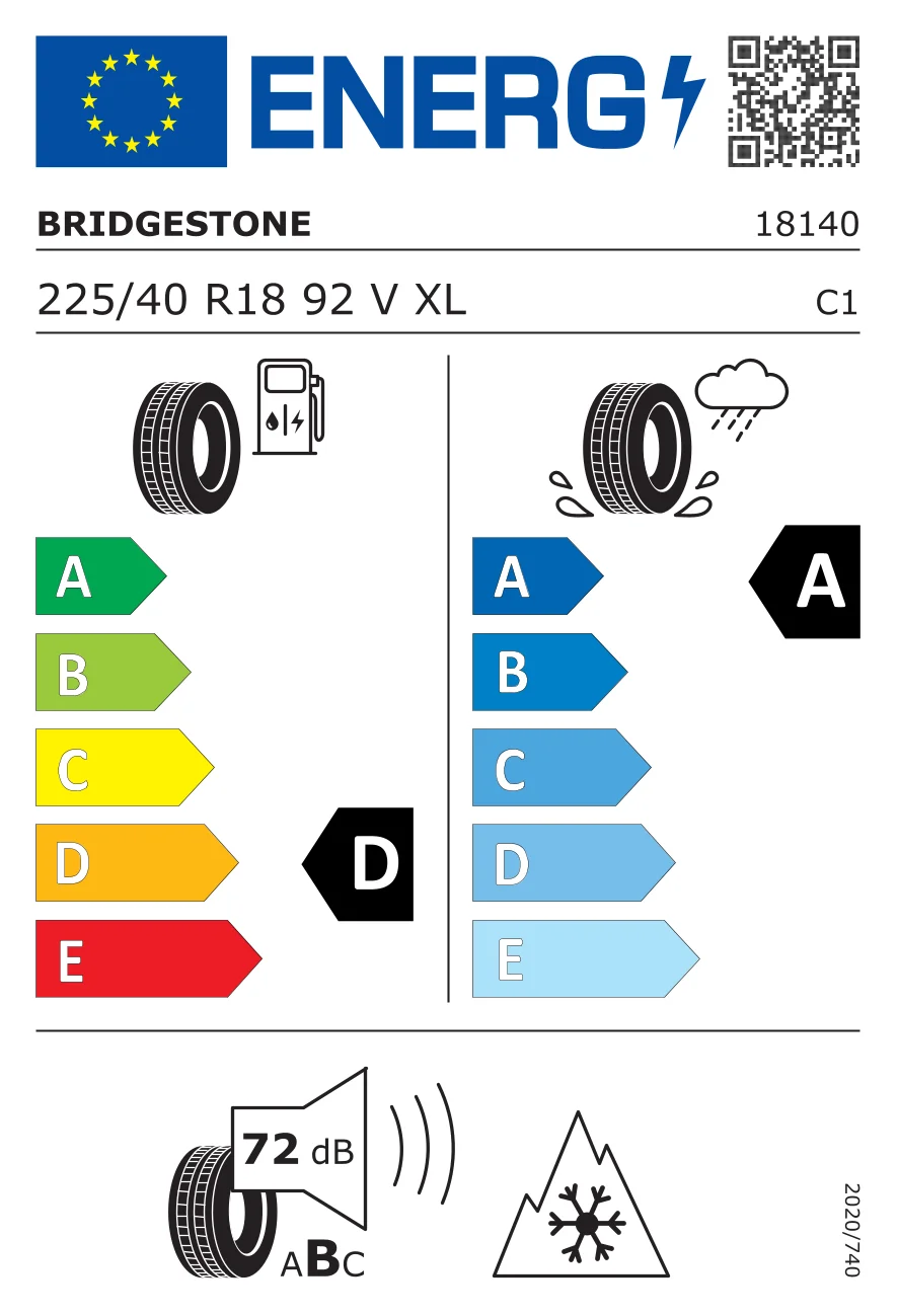 EU-däckmärkning: Bridgestone 225/40 R18 92V
