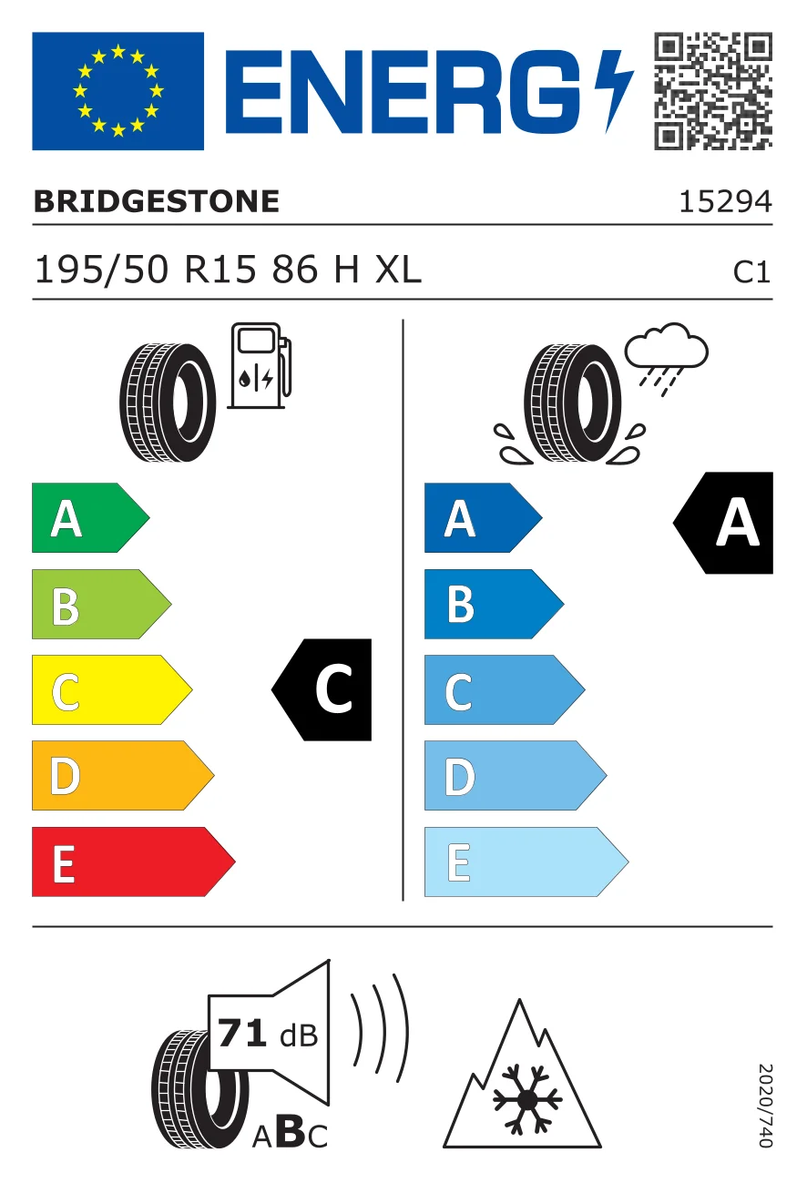 EU-däckmärkning: Bridgestone 195/50 R15 86H