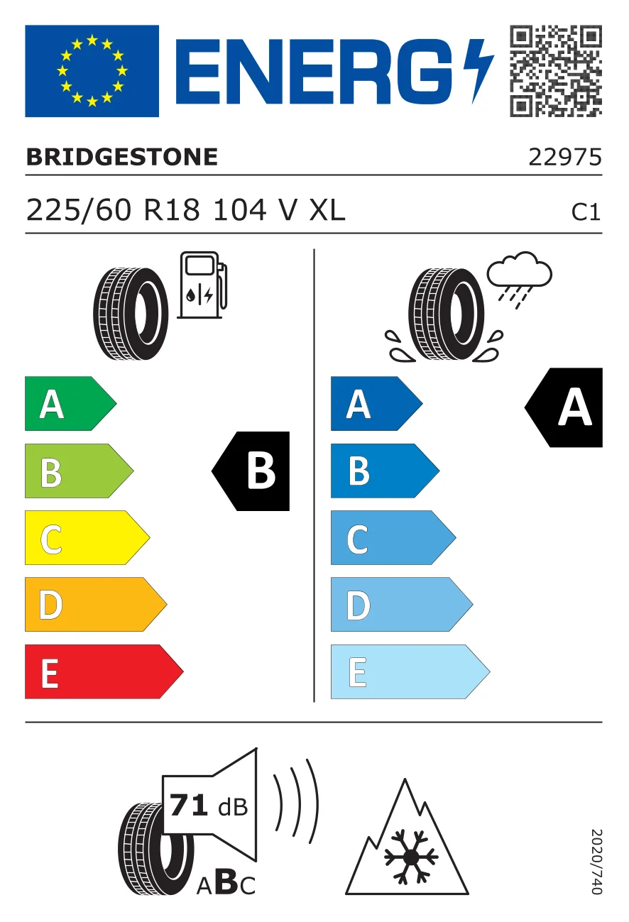 EU tyre label: Bridgestone 225/60 R18 104V