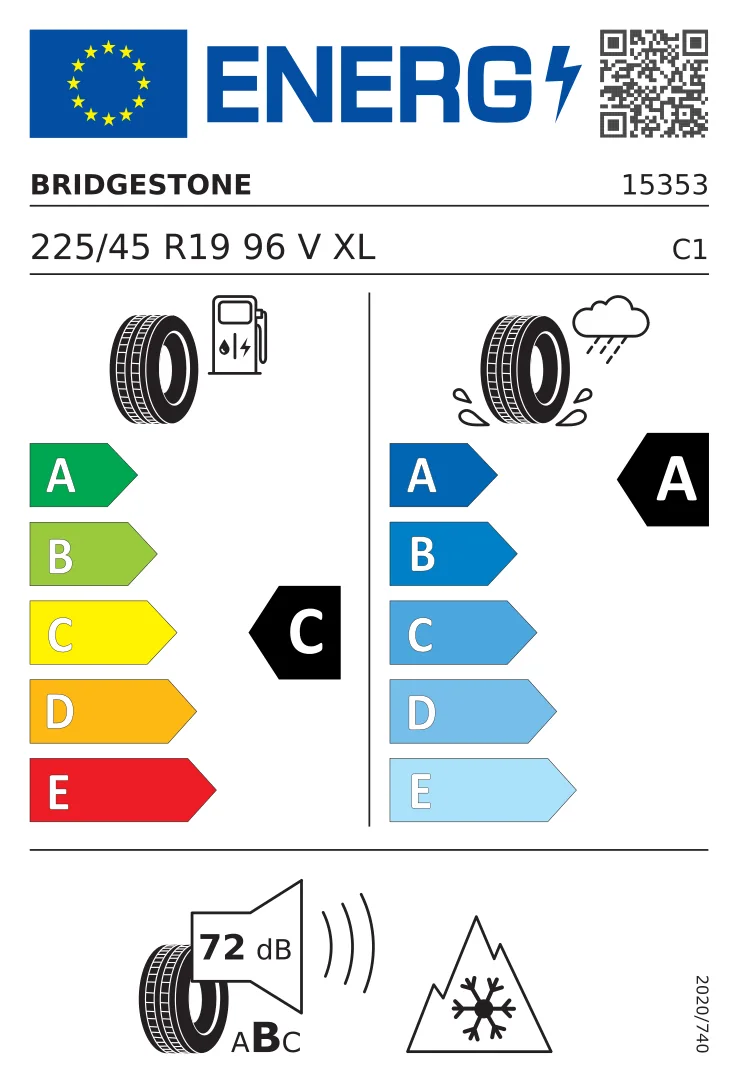EU-däckmärkning: Bridgestone 225/45 R19 96V