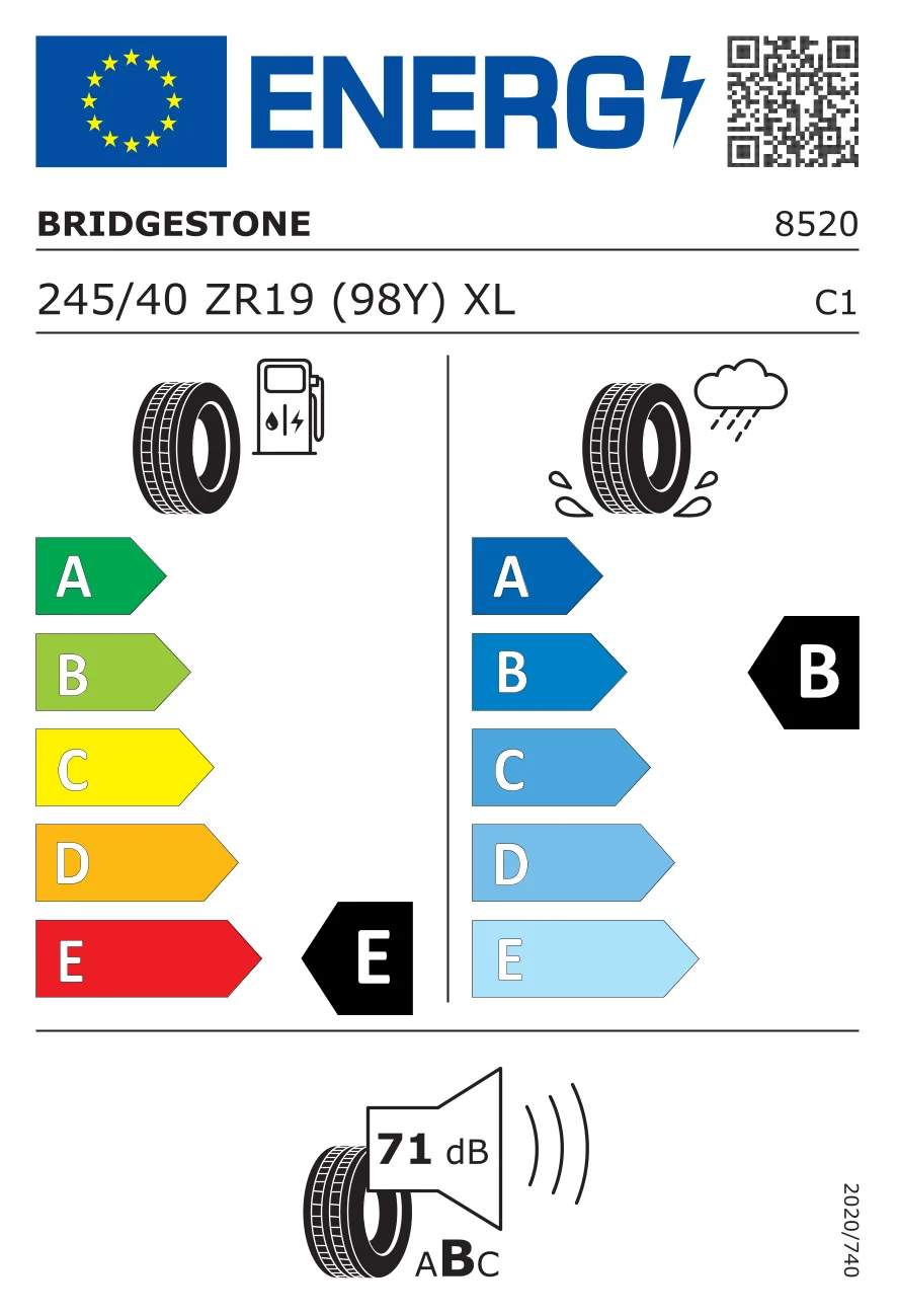EU-däckmärkning: Bridgestone 245/40 R19 98Y