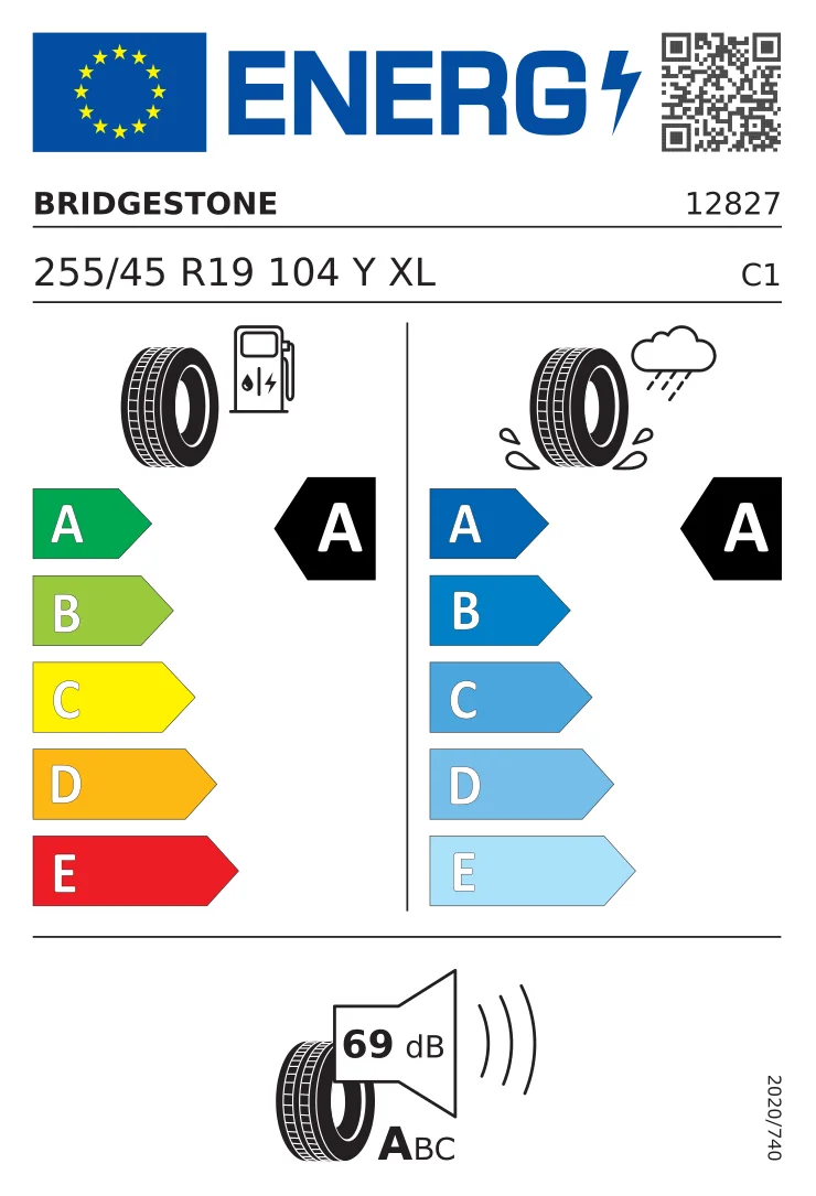EU-däckmärkning: Bridgestone 255/45 R19 104Y