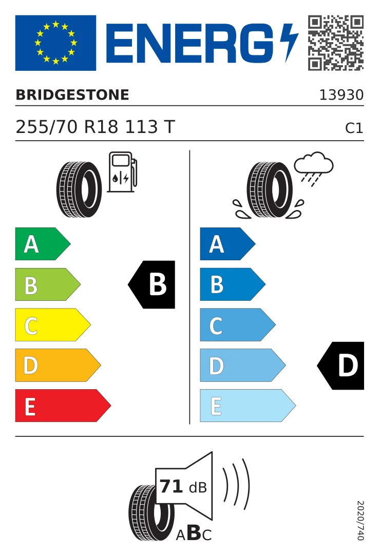 EU-däckmärkning: Bridgestone 255/70 R18 113T