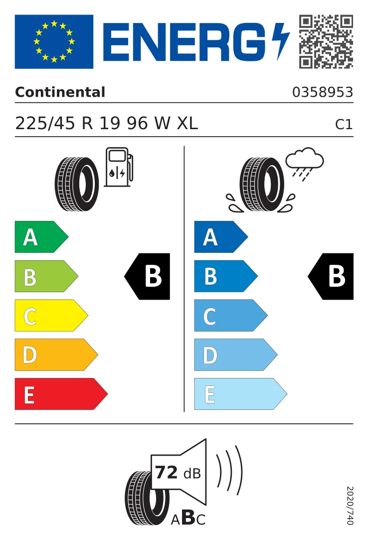 EU-däckmärkning: Continental 225/45 R19 96W