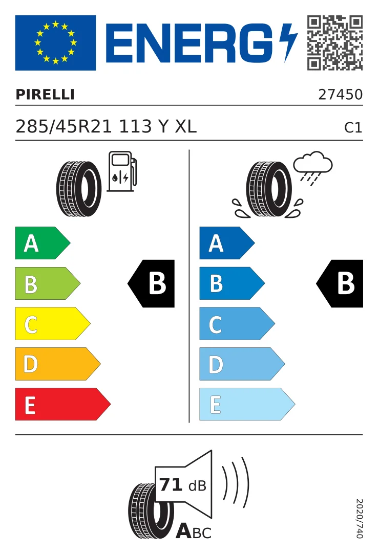 EU tyre label: Pirelli 285/45 R21 113Y