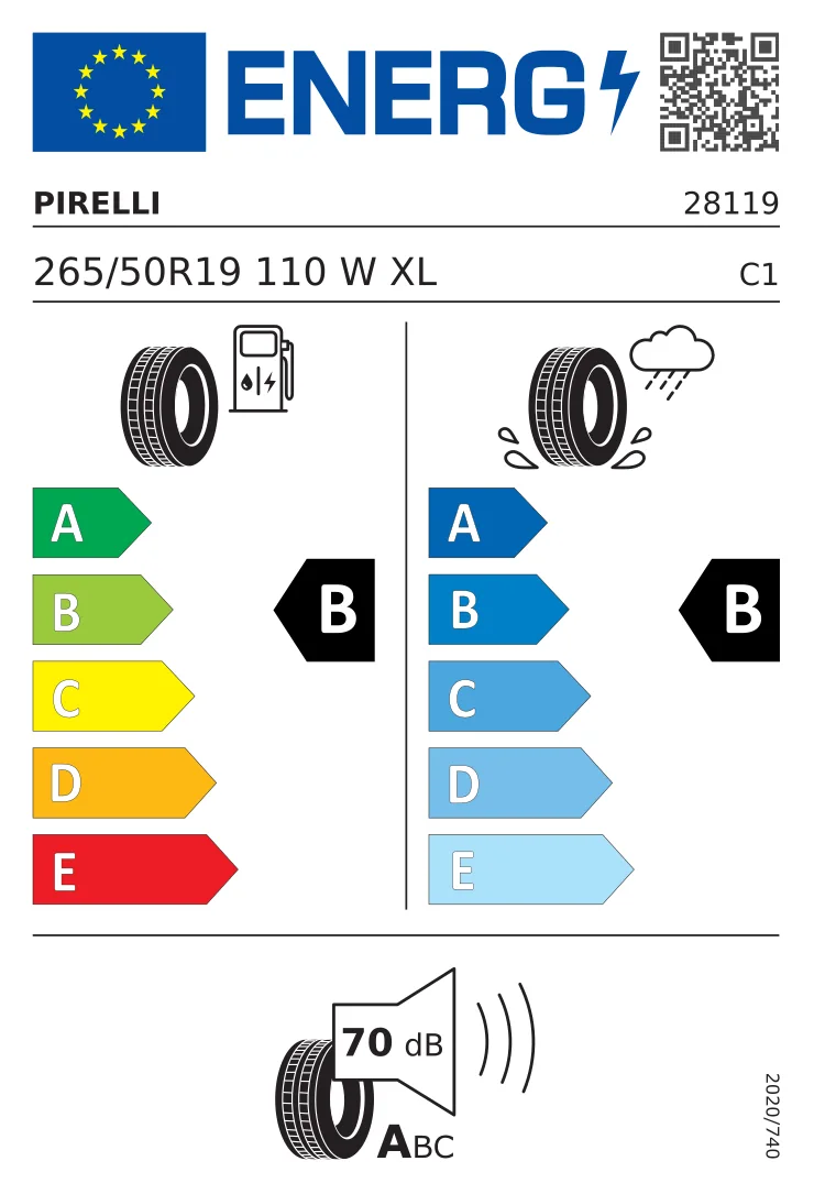 EU-däckmärkning: Pirelli 265/50 R19 110W