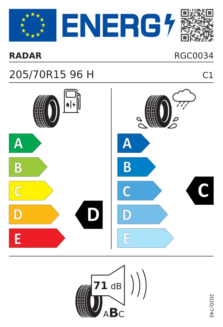 EU tyre label: Radar 205/70 R15 96H