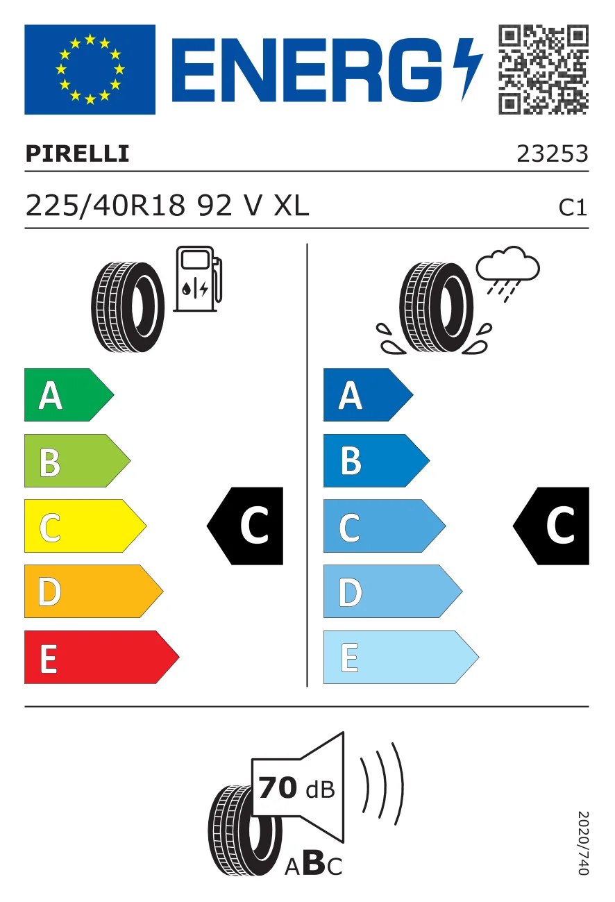 EU-däckmärkning: Pirelli 225/40 R18 92V