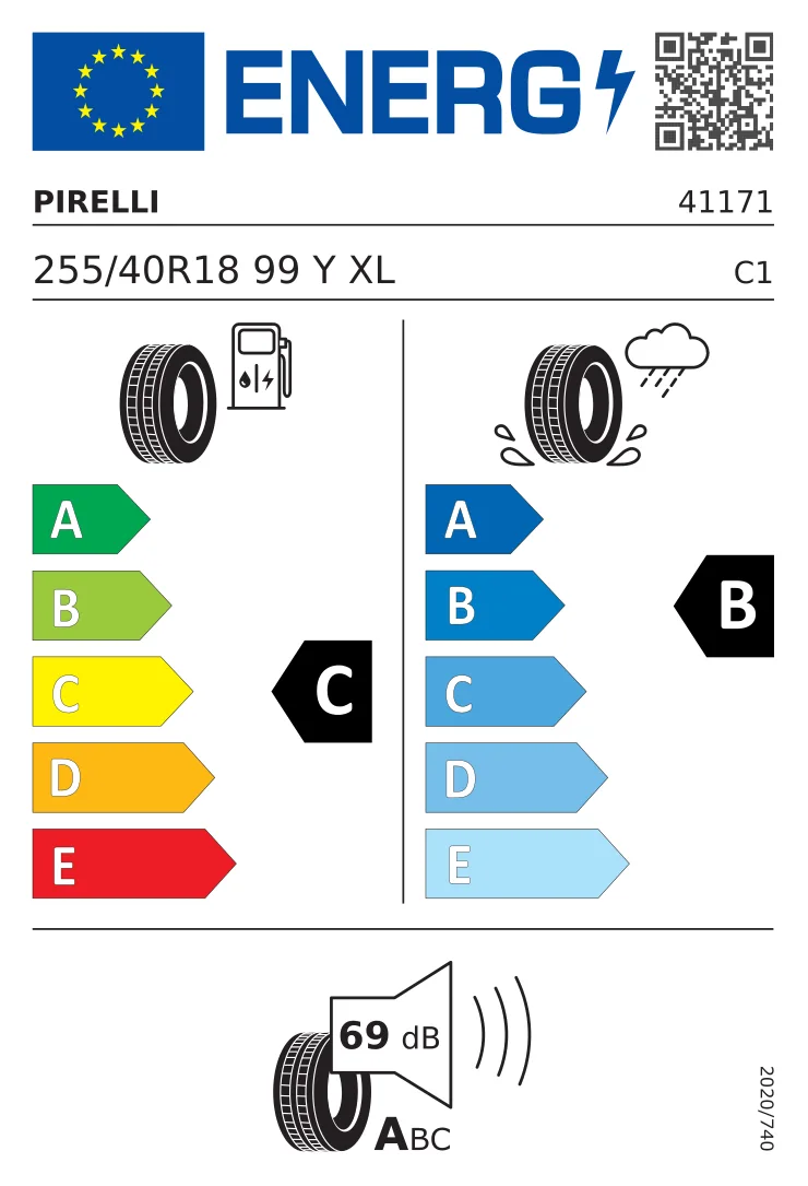 EU-däckmärkning: Pirelli 255/40 R18 99Y