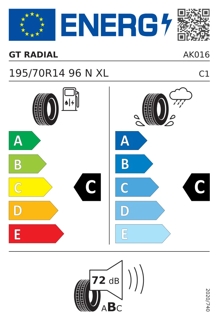 EU tyre label: GT Radial 195/70 R14 96N